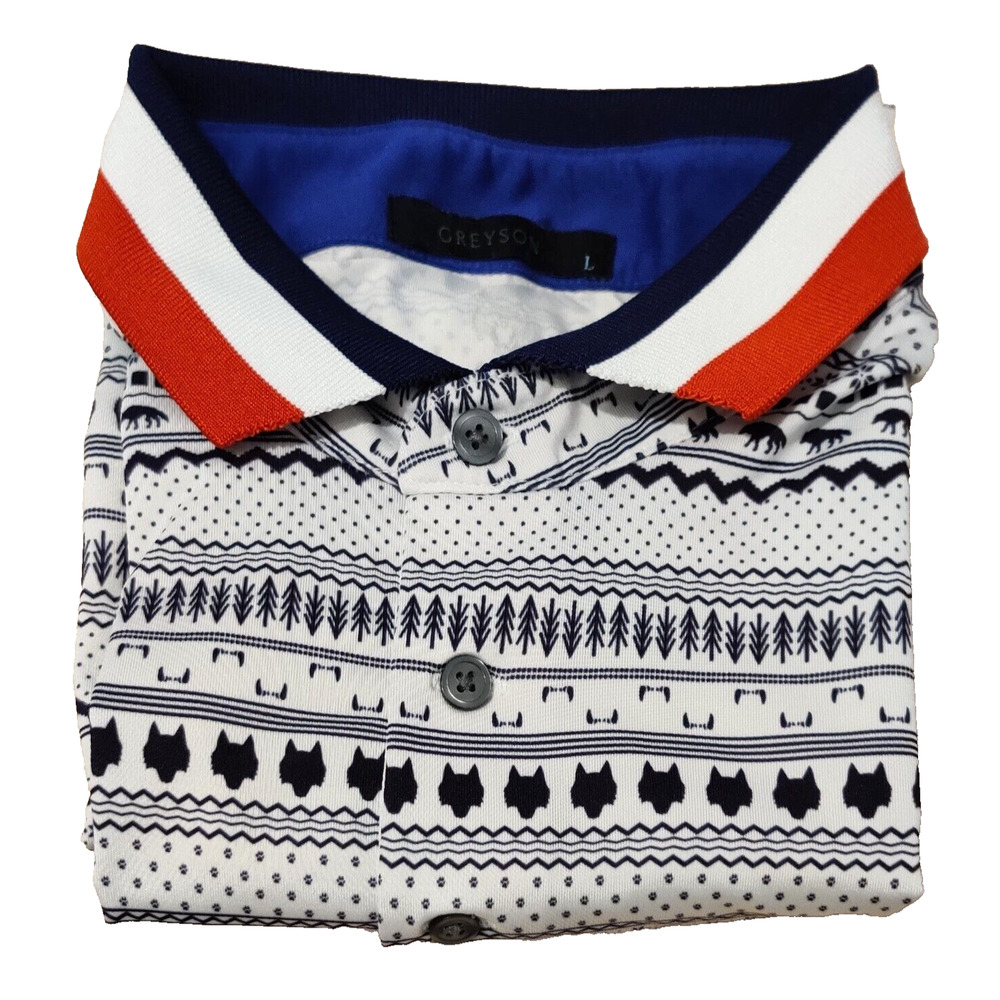 Greyson Mens AOP Golf Polo Shirt SIZE LARGE SS Allover Wolves Rare Print Sports